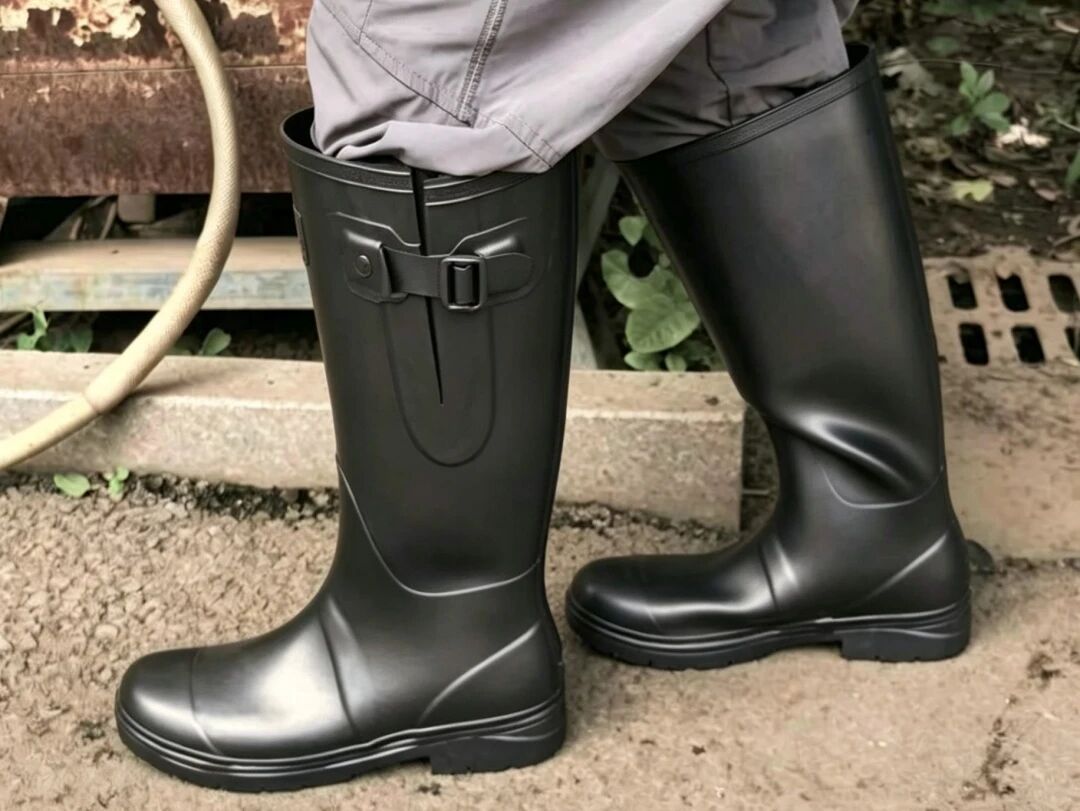 Patcus high top waterproof rubber fishing wading boots, drawstring cuff non‑slip sole dark grey wader boots for outdoor work